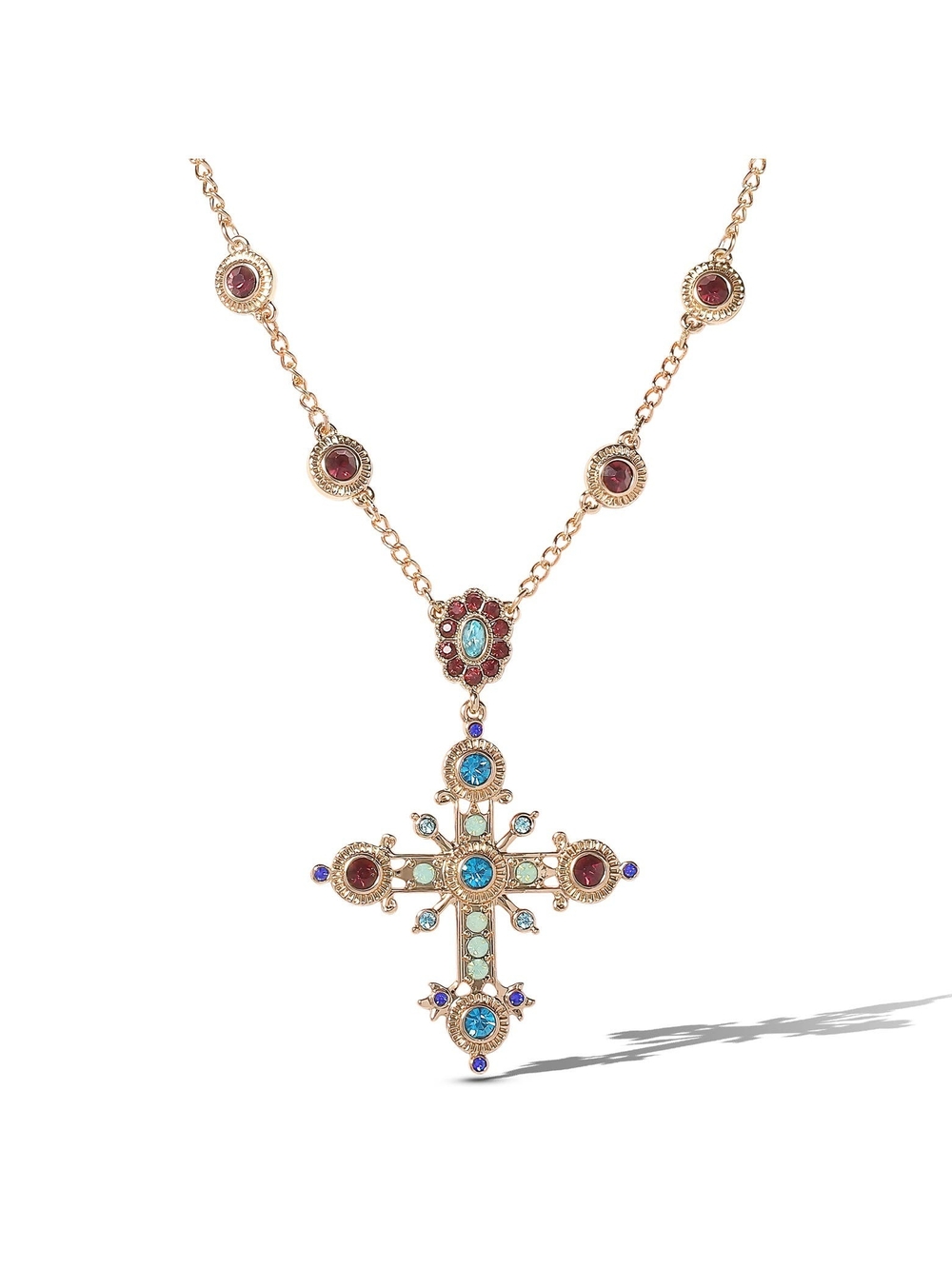 Jessica Simpson Gold-Tone Cross Necklace with Blue, Turquoise and Red Accents